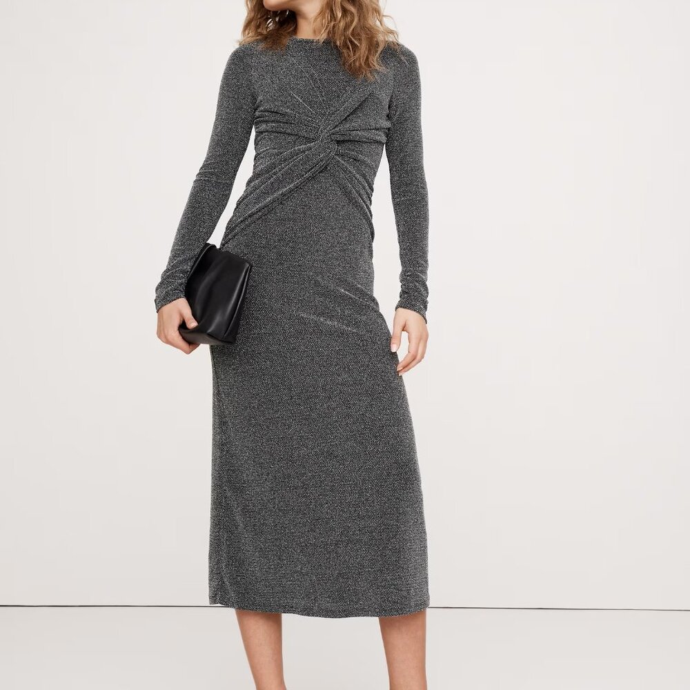 NWT Banana Republic Metallic Silver Shimmer Jersey Knit Twist-Front Midi Dress S